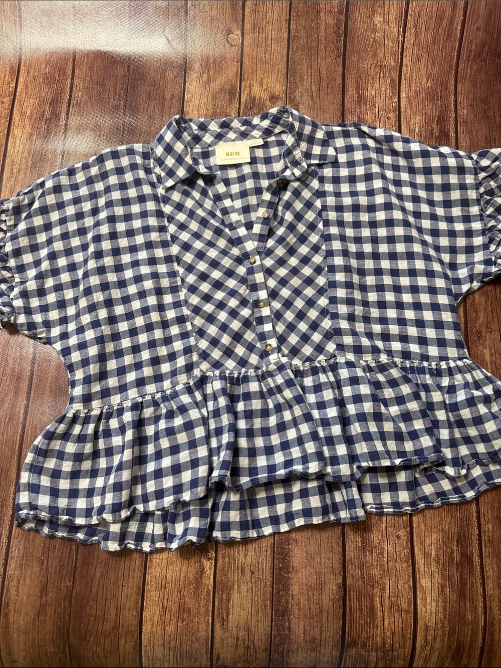 MAEVE Anthropologie Navy and White Gingham Peplum Button-Up Top